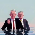 An illustration of Anthony Albanese with his arm around the shoulder of Minister Andrew Giles supportively, though they are both waist deep in water.